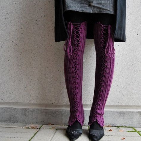 SPRING SALE Thigh High Lace Up Leg Warmers in Plum - READY TO SHIP Knit Leg Warmers Free Pattern, Diy Leg Warmers, Knit Leg Warmers Pattern, Knit Corset, Thigh High Leg Warmers, Leg Warmers Pattern, Crochet Boot Cuffs, Crochet Leg Warmers, Easy Handmade