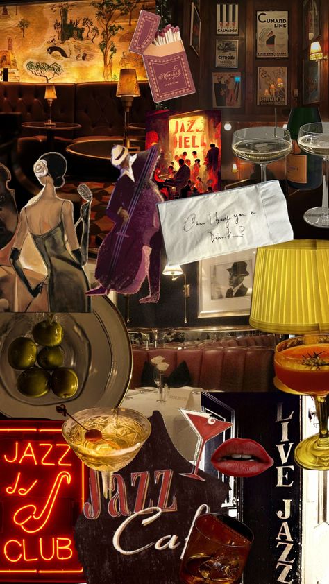 Jazz Club Inspired Living Room, 1920s New York Aesthetic, The Roaring 20s Aesthetic Living Room, 20s Jazz Club, Speakeasy Mood Board, Salsa Music Aesthetic, Jazz Night Aesthetic, Jazz Singer Aesthetic, 1920s Nightclub