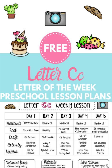 Looking for Letter C crafts and activities?  Check out this free Letter C, Letter of the Week lesson plan!  It has a ton of Letter C crafts, Letter C activities and Letter C worksheets, all planned out for you! Letter C Weekly Lesson Plan, Letter C Theme Preschool, Letter Cc Activities For Preschool, Letter C Activities For Kindergarten, Letter C Preschool Activities, C Is For, Letter C Activities For Preschool, Letter C Preschool, C Activities