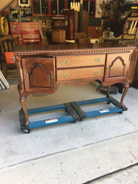 A friend asked for help giving her buffet table a facelift. She recently spruced up her home with new flooring and repainted her walls. This beautiful buffet has been used in her entryway so she wanted to give it a little update, too. The first thing I did was remove the drawer pulls, handles, and hinges. Then I labeled the drawers top and bottom. I learned the hard way that drawers don’t always fit into the drawer slots universally. I also put tape over the drawer pull holes on… Buffet Redo, Succulent Wall Hanging, Wood Spa, Stair Spindles, Homemade Chalk, Cement Patio, Diy Cat Tree, Painted Cabinet, Weathered Paint