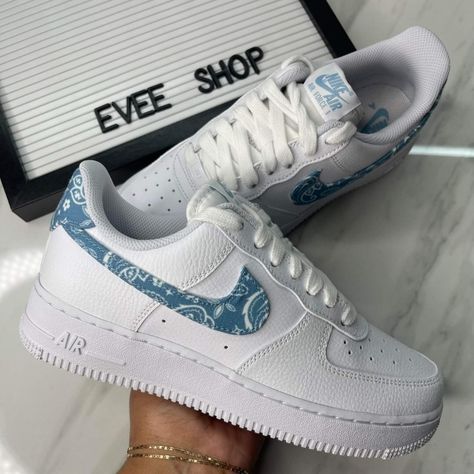 Nike Air Force 1 Bandana, Air Force 1 Designs, Nike Air Max 90s, Neon Shoes, Nike Air Max 2016, Nike Shoes Air Force, Blue Bandana, Air Force 1 Custom, Custom Air Force 1