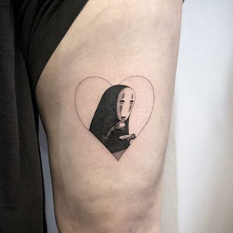 no face tattoo! #noface #spiritedaway #ghiblistudio #ghiblitattoo #nofacetattoo #tattoo #nyctattoo #nyctattooshop #nyctattooartist #nycink #ani No Face Tattoo, Tatuaje Studio Ghibli, Pocket Watch Tattoos, Ghibli Tattoo, One Piece Tattoos, Gaming Tattoo, Face Tattoos, Dainty Tattoos, Aesthetic Tattoo