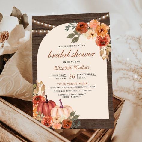 Terracotta Floral Pumpkin Barn Wood Bridal Shower Invitation #zazzle #weddinginvitations #birthdayinvitations #babyshowerinvitations #zazzleinvitations #monogram #businesscards #graduation #homedecor Navy Bridal Shower, Pumpkin Wedding, Rustic Bridal Shower Invitations, Floral Pumpkin, Elegant Bridal Shower, Floral Bridal Shower Invitations, Brown Wedding, Brown Flowers, Bridal Shower Rustic