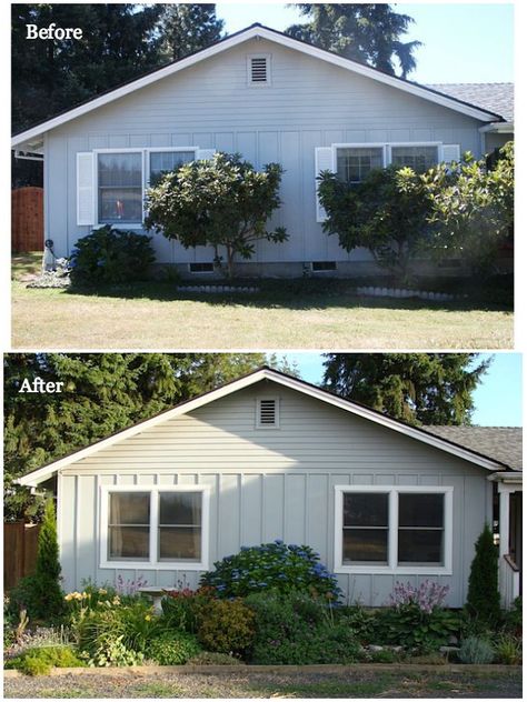 Board And Batten Siding Ranch Home, Remove Shutters Before And After, Removing Shutters Before And After, Ranch Siding Ideas Exterior, Exterior Ranch Remodel, Diy Siding, Cabin Siding, Oregon Cottage, Chiang Dao