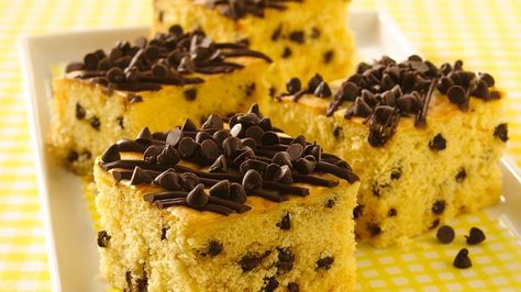 Mini chocolate chips are a sweet contrast to the tangy sour cream in a luscious yellow cake. Chocolate Chip Snack Cake, Banana Snack Cake, Snack Cake Recipe, Chocolate Chip Cake Recipe, Cake Mix Cookie Bars, Snack Cakes, Chocolate Chip Cake, Bowl Cake, Chocolate Chip Recipes