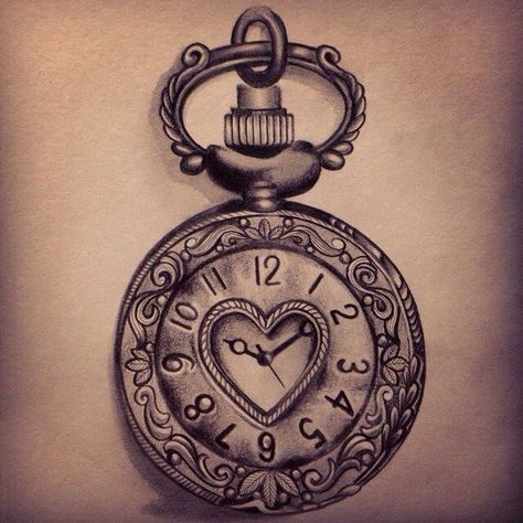 Love the heart part of this for my tattoo but want two intel king within the design Tattoos Clock, Pocket Tattoo, Drawing Clock, Drawings Vintage, Clock Drawing, Small Watches, Pocket Watch Tattoos, Tattoos Drawing, Watch Tattoo