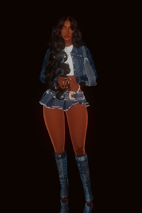 Sims 4 Cc Lookbook, Denim Lookbook, Cc Lookbook, Cropped Jean Jacket, Denim On Denim, Crop Jean Jacket, Skirts With Boots, Denim Boots, Sims 4 Clothing