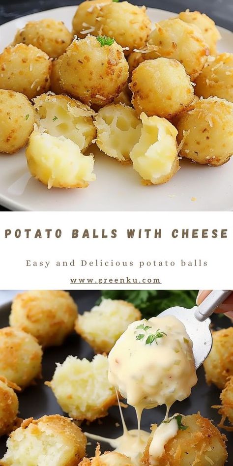 Irresistible Potato Balls with Garlic Cheese Sauce Ingredients: Potato Balls: 3 large potatoes (800g) Salt, to taste 3-4 tablespoons of cornstarch Vegetable oil for frying #Potato #Balls Garlic Cheese Sauce, Potato Ball, Broccoli Vegetable, Potato Balls, Oatmeal Cake, Stuffed Potato Balls, Potato Bites, Croutons Homemade, Garlic Cheese