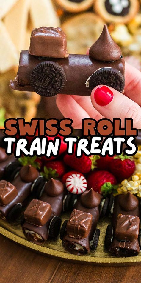 These super-cute Swiss roll train snacks are super simple to prepare, and you only need five ingredients! If you’re putting together a festive dessert spread for the holidays or just want some charming seasonal treats, these should definitely be on your list. You don’t need to travel to the Sacramento waterfront for the Polar Express experience or even watch the movie (though it's a blast to do so!) - you can create your own Polar Express train right at home in just 10 minutes. Polar Express Themed Snacks, Polar Express Christmas Party Food, Polar Express Snacks For Kids, Polar Express Treats, Train Themed Snacks, Polar Express Dinner Ideas, Polar Express Party Ideas Food, Polar Express Themed Food, Polar Express Movie Night Ideas