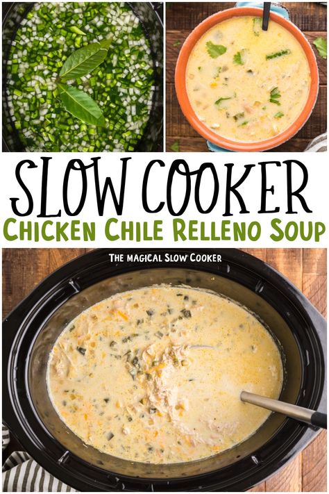 This soup has all the flavors of a chile relleno along with tender chicken. If you love a spicy Mexican soup on a cold night, this recipe is one you'll want to add this chicken chile relleno soup to your meal plan. - The Magical Slow Cooker Chili Relleno Soup Slow Cooker, Crockpot Chicken Poblano Soup, Chicken Relleno Soup, Hatch Red Chile Recipes, Poblano Chicken Soup, Chicken Relleno, Chicken Chile Relleno, Spicy Mexican Soup, Chile Relleno Soup