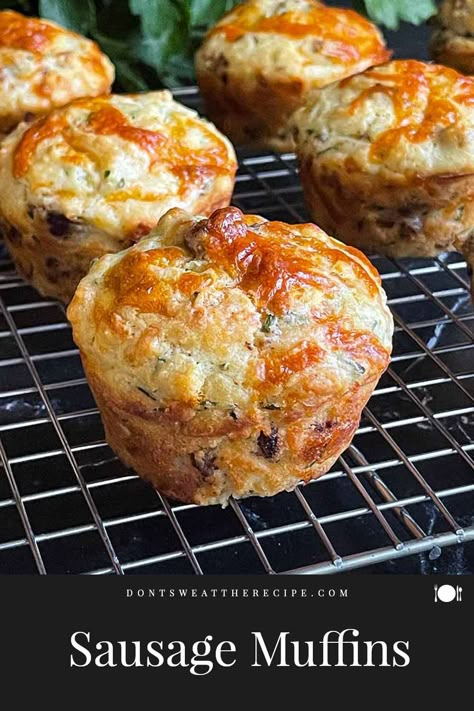 These sausage muffins are an easy, freezer-friendly, on-the-go breakfast during busy school and work days. These savory muffins are full of sausage, eggs, and cheese. Sausage Muffins With Cheddar Cheese Soup, Simple Muffins With Sausage, Freezer Breakfast Muffins, Protein Sausage Muffins, Savory Breakfast Cookies, Sausage Muffins Breakfast, Savory Muffins Breakfast, Savoury Muffins Recipes, Sausage And Cheese Muffins