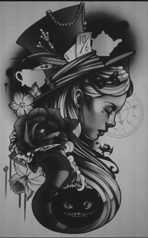 Dark Disney Princess Tattoos, Dark Alice In Wonderland Tattoo Ideas, Alice In Wonderland Flash Tattoo, Alice In Wonderland Tattoo Sleeve, Mad Hatter Tattoo, Simple Cat Tattoo, Line Art Simple, Cover Up Tattoos For Women, Cat Tattoo Ideas