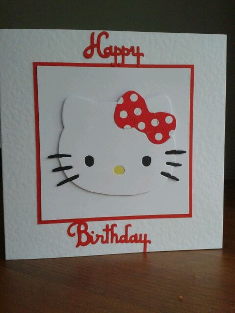 Hello Kitty Card Hello Kitty Birthday Cards Diy, Hello Kitty Card, Diy Hello Kitty, Paper Piercing, Kitty Cake, Card Inspo, Hello Kitty Themes, Girl Birthday Cards, Hand Stamped Cards