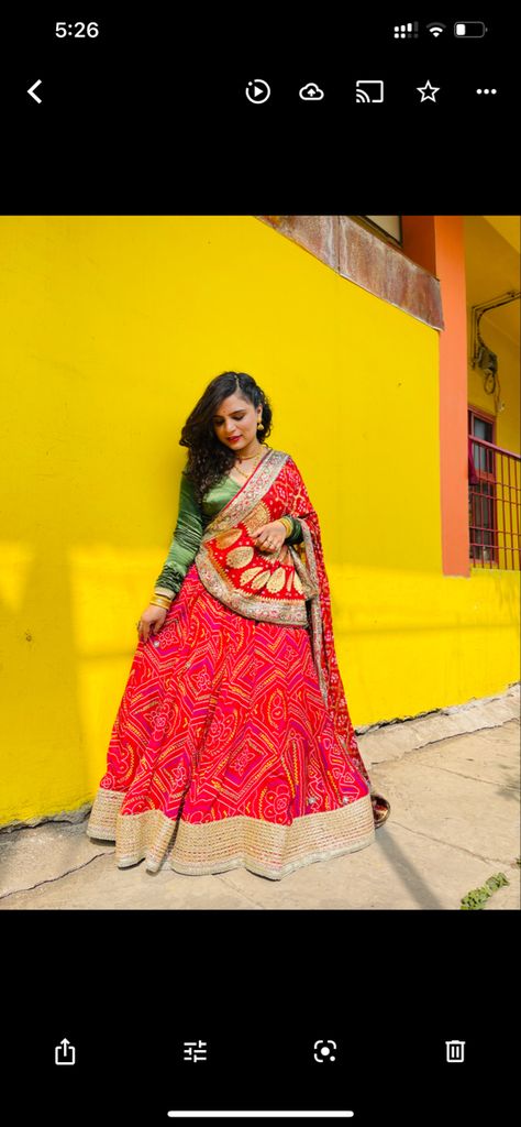 This is a bandhani lehenga with alot of flare perfect for wedding functions Bandhani Lehenga, Lehenga, Saree