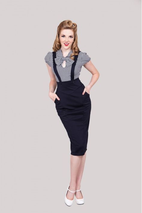 Suspender Skirt Outfit, Rockabilly Mode, Outfit Office, Skirt Diy, Vintage Jumper, Dapper Day, Jumper Skirt, Bettie Page, High Waisted Pencil Skirt