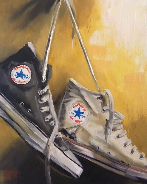 This weekend’s work in progress. The painting of the boots has had a glaze applied to warm up the shadows. I’ve also got some proper lights to help light my paintings so I don’t have to rely on my very warm overhead lighting. Thoughts?  #mtgaltergirl #shoes #painting #stilllife #wetonwet #converse #landscapepainting #wip #traditionialart #workinprogess #bobross #art #oilpainting  #happylittletrees #thestumpproject  #bobrosspainting #allaprima #billalexander #artistsoninstagram Shoe Still Life Drawing, Still Life Shoes, Shoe Acrylic Painting, Paintings Of Shoes, Still Life Painting Books, Converse Drawing, Yellow Converse, Bold Paint Colors, Contemporary Oil Paintings