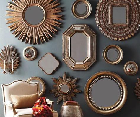 Wall Decor Design Mirrors, Mix Match Mirror Wall, Small Mirrors On Wall Bedroom, Hallway Of Mirrors, Small Mirrors Wall Decor, Small Round Mirrors On Wall, Gallery Wall Of Mirrors, Hallway Wall Decor Mirrors, Small Mirrors On Wall