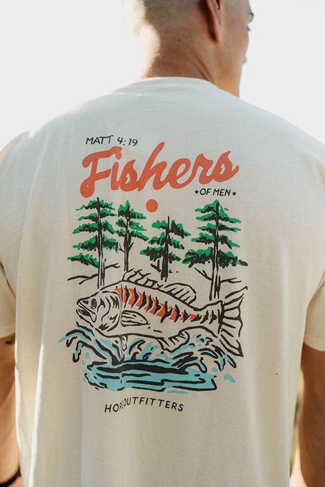 Then He said to them, Follow me, and I will make you Fishers of men. Matt. 4:19. Unisex/men's sizing, check sizing chart for fit Garment dyed and washed for a vintage look and feel Vintage washed natural color with a soft-hand water-based print 100% combed ringspun super-soft cotton tee, mid-weight 6.1 oz. Ethically sourced and manufactured Buy 1 or more items and 100% of the profit is given back to our current campaign - Buy 1 Give 100. Fishers Of Men, River Shirts, Vintage Shirt Design, Fishing Outfits, Fishing T Shirts, Fishing Shirts, Christian Shirts, Girls Out, Hats Vintage