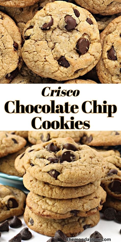 Thick chocolate chip cookies with crackled tops and embedded chocolate chips closeup and in a stack. Butter Crisco Recipes, Butter Crisco Chocolate Chip Cookies, Crisco Chocolate Chip Cookies Recipes, Chocolate Chip Cookies Made With Crisco, Crunchy Chocolate Chip Cookies Recipe, Chocolate Chip Cookies With Crisco Best, Cookies Made With Crisco Shortening, Cookies Using Crisco, Chocolate Chip Cookies Crisco Recipe