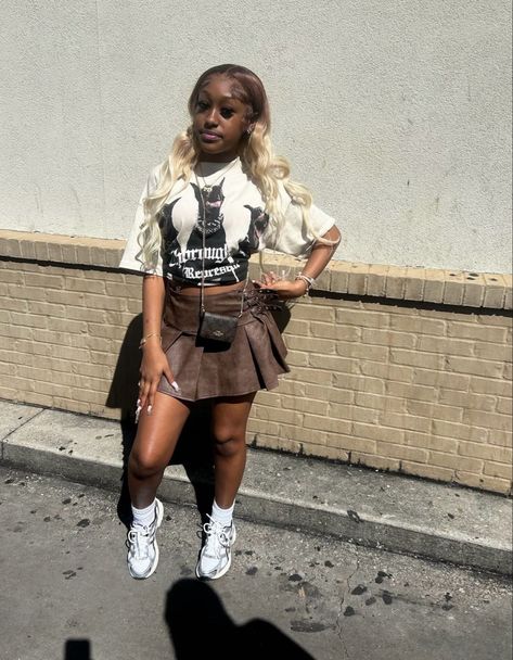 Black girl outfits Brown Outfits For Black Women Streetwear, Outfits With Asics, Senior Brunch Outfit Ideas Black Women, Asics Outfit Black Woman, Grad Bash Outfit Ideas, Asics Outfit, Leather Skirt Outfit, Fly Outfit, Cute Birthday Outfits