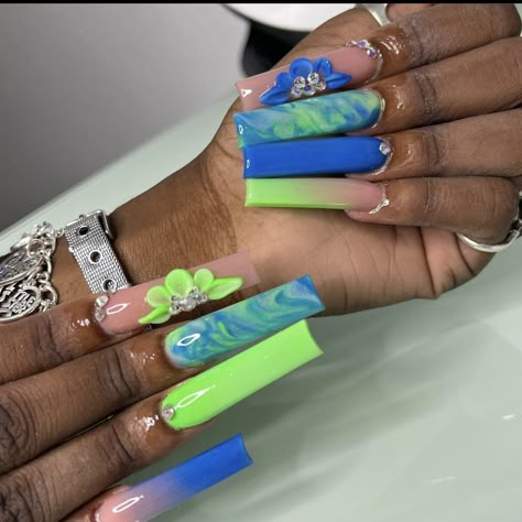 Neon Green Acrylic Nails Coffin, Bright Green Nails Designs Summer, Blue Green And Yellow Nails, Neon Green And Blue Nails, Green Blue Nails, Green Baddie, Green And Blue Nails, Blue And Green Nails, Neon Blue Nails