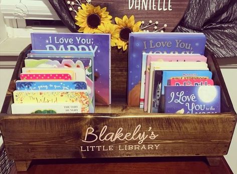 Rustic Ranch Creations on Instagram: "Our book bins are perfect for baby shower book collections 🥰 👶 📖 🎁 #babyshowergift #bookbin #babybookcrate #bookcrate #readingnook #playroom #nurserydecor #babyshowerideas #babyshowerbooktheme #handcrafted #reclaimedwood #bookcollection #kidsbookcase #rusticdecor #farmhousestyle #giftbasketideas #rusticranchcreations" Nursery Book Storage, Book Gift Basket, Baby Shower Favours For Guests, Book Bin, Baby Book Gift, Special Walnut Stain, Nursery Book, Gift Crates, Book Bins