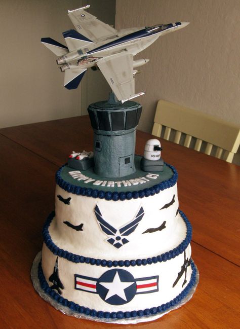 This is a cake I made for my son's 17th birthday. He is really into the military… Airplane Cakes, Navy Cake, Navy Cakes, Air Force Birthday, Military Cake, Strawberry Cake Filling, Airplane Cake, Navy Birthday, Military Party