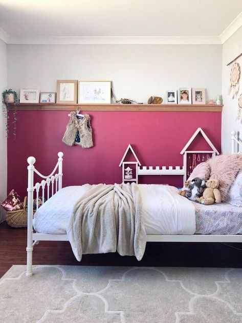 I had a shelf up in my daughter’s room as she loves to display her artwork and nature finds from bush walks etc, however we were running out of space on it so I decided to make her a new wall length shelf using timber skirting boards. I also felt like her room was lacking a little colour and warmth so I decided to incorporate the new shelving I had planned into a feature wall. I purchased 2 different styles of timber skirting boards to make the shelves. For the bottom piece I chose… Wall To Wall Picture Ledge Bedroom, Feature Wall With Shelf, Feature Wall Shelves, Wall Length Shelf, Timber Skirting, Picture Frame Shelf, Diy Plate Rack, Wooden Blanket Ladder, Picture Ledges