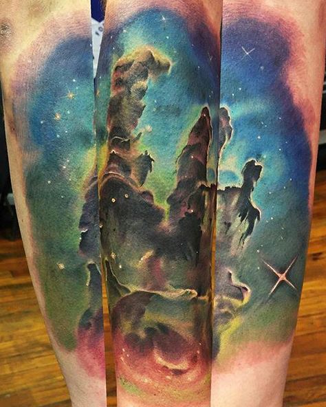 Pillars Of Creation Tattoo, Creation Tattoo, Pillars Of Creation, Down With Love, Cosmic Tattoo, Solar System Tattoo, Skull Sleeve Tattoos, Skull Sleeve, Galaxy Tattoo