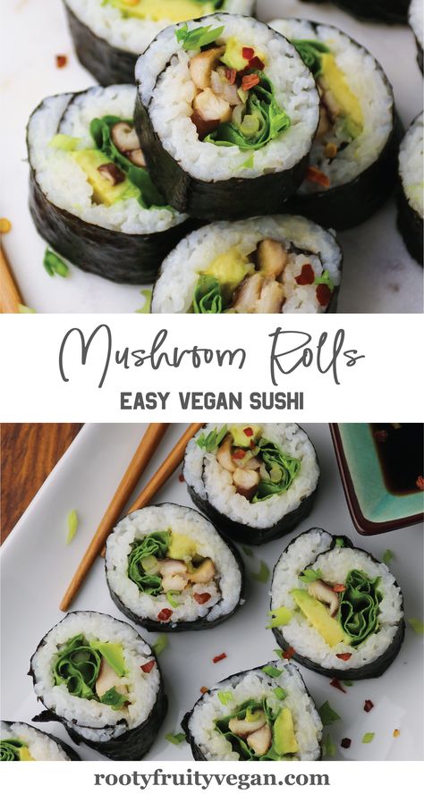 This fishless vegan sushi recipe is easy to make and super flavorful. Even beginner chefs can make these delicious plant based Mushroom Sushi Rolls loaded with shiitake mushrooms, avocado, lettuce, and green onion. Learn how to roll your own sushi with a step by step photo guide that makes it easy to eat healthy vegan sushi anytime. This vegan recipe is great for a easy but fancy dinner. Give it a try! #howtosushi #mushrooms #meatlessmeals #veganrecipe #plantbased #vegetarian #glutenfree Vegan Mushroom Sushi, Best Vegan Sushi, Vegetarian Sushi Rolls Recipe, Vegan Sushi Rolls Recipes, Mushroom Sushi Roll, Sushi Recipes Vegetarian, Vegan Fancy Dinner, Vegan Sushi Recipe, No Fish Sushi