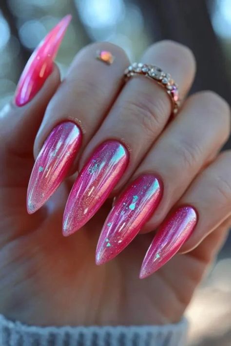 pink chrome acrylic nails. barbiecore nails Pink And Chrome Nails, Pink Chrome Acrylic Nails, Pink Chrome Nail Designs, Chrome Acrylic Nails, Barbiecore Nails, Pink Nail Ideas, Pink French Manicure, Bright Pink Nails, Soft Pink Nails