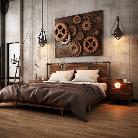 Industrial Themed Bedroom, Industrial Theme Bedroom, Steampunk Aesthetic Room, Feminine Industrial Bedroom, Steampunk Room Ideas, Steam Punk Bedroom, Steampunk Living Room, Steampunk Bedroom Ideas, Industrial Loft Bedroom