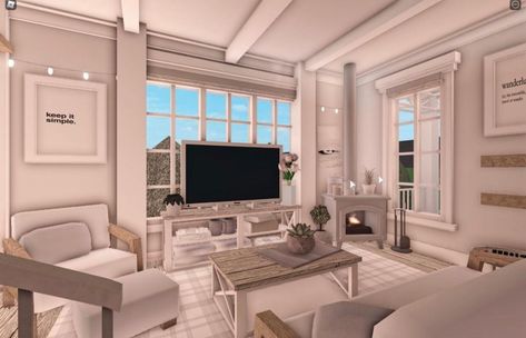 White Bloxburg Living Room, Bloxburg Aesthetic Living Room Ideas, Living Room Bloxburg Aesthetic, Bloxburg Tv Room Ideas, Fancy Bloxburg Living Room, Roblox Bloxburg House Ideas Living Room, Bloc Burg Living Room, Bloxburg Kicken Ideas, Living Rooms In Bloxburg