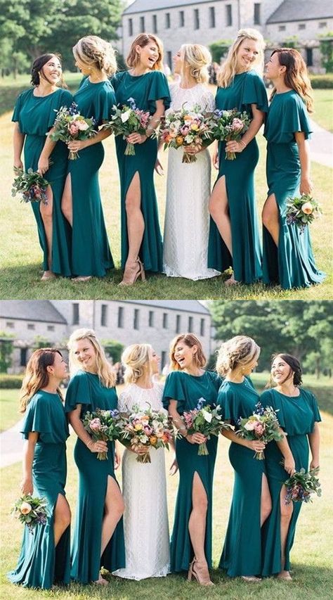 Teal Bridesmaid Dress With Sleeve Bridesmaid Dress With Sleeve, Teal Bridesmaid Dresses Long, Teal Dress For Wedding, Teal Bridesmaid Dress, Teal Blue Weddings, Teal Wedding Colors, Ruffles Sleeves, Dress With Sleeve, Teal Bridesmaid