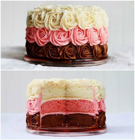 Three color cake Neopolitan Cake, Neapolitan Cake, Pear And Almond Cake, Caking It Up, Colorful Cakes, Almond Cakes, Fancy Cakes, Food Cakes, Cake Inspiration