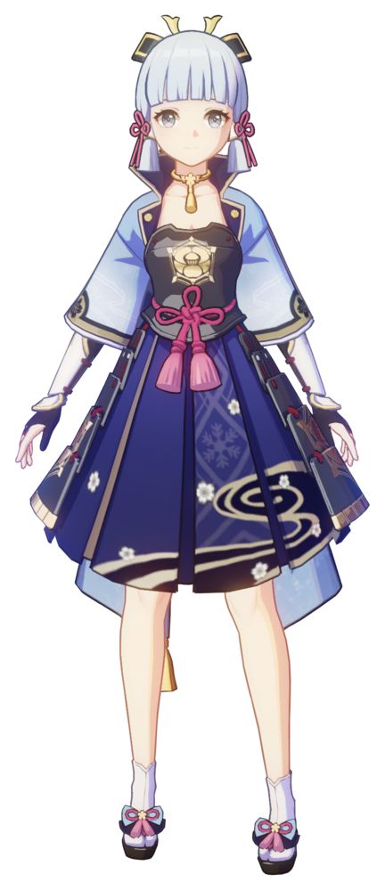 Kamisato Ayaka | Genshin Impact Wiki | Fandom Kamisato Ayaka, Character Base, Small White Flowers, Japanese Names, Gold Stripes, Kind Heart, Character Outfits, Knee Length Skirt, Wearing Black