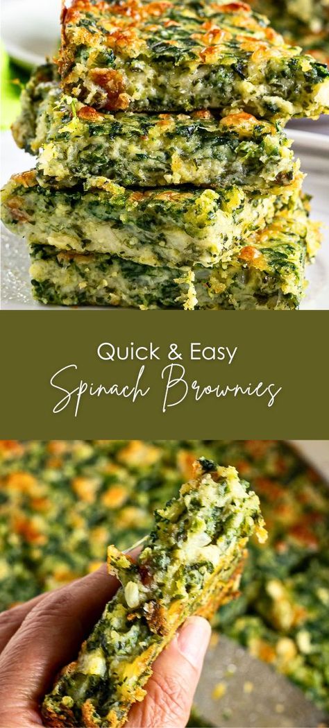 Quick & Easy Spinach Brownies Vegetable Bars Recipe, Spinach Baked Goods, Spinach Bars, Spinach And Feta Brownies Hungry Happens, Spinach And Feta Brownies, Spinach Squares Appetizers, Spinach Cakes, Spinach Squares, Spinach Feta Brownies