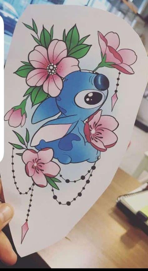 Stitch And Yoda Tattoo, Stitch Tattoo With Flowers, Stitch With Flowers Tattoo, Disney Stitch Tattoo Black And White, Stitch Disney Tattoo, Stitch Tattoo Design, Lilo And Stitch Nails, Stitch Tattoo Ideas, Stitch Nails