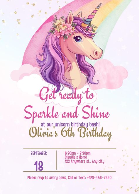 Step into a world of enchantment with our Sparkle Unicorn Birthday Invitation Printable! 🦄✨ Invite your guests to share in the enchantment of your little one's special day with this charming and radiant invitation. Adorned with a majestic unicorn, surrounded by glimmering stars and rainbows, this printable invite perfectly sets the stage for a magical celebration. With its sparkling design and soft pastel tones, it's sure to delight everyone who receives it! Simply download, customize with your Birthday Party Unicorn, Sparkle Unicorn, Unicorn Birthday Invitation, Majestic Unicorn, Unicorn Birthday Invitations, Unicorn Invitations, Unicorn Birthday Party, Printable Birthday Invitations, Unicorn Birthday Parties