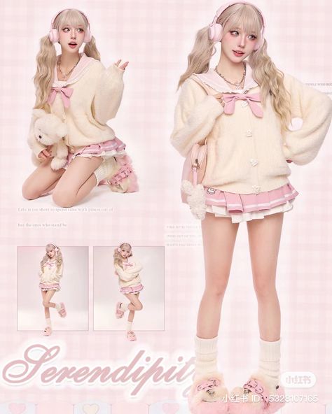 Scene Outfits Ideas, East Asian Aesthetic, Japanese Idol Outfits, Pink Pastel Outfit, Sweater Reference, Sweater Poses, Patterns Outfit, Cartoon Clothing, Winter Hoodie