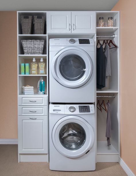 Laundry Room Closet Stackable, Stacked Washer Dryer Laundry Room Small Modern, Stack Laundry Closet, Small Laundry Room Ideas Stackable Diy, Washer Dryer Laundry Room, Stacked Laundry, Custom Laundry Room, Stacked Laundry Room, Laundry Room Ideas Small Space