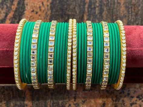 Emerald Green Colour, Metal Bangles, Colorful Bangles, Kundan Bangles, Bridal Jewellery Design, Silk Gifts, Bridal Ideas, Bangles Set, Ear Ring