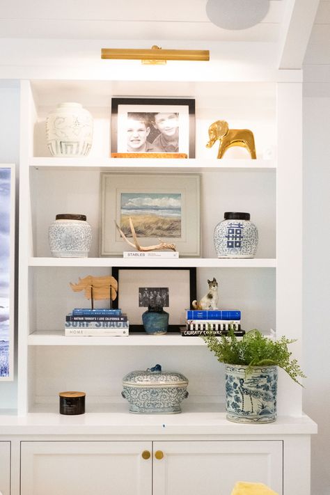 Built in shelves for family room by HSID Built In Shelf Styling Living Room, Styled Built In Shelves, Shallow Shelf Ideas, Styling Shelves Living Room Built Ins, Built In Decorating Ideas, Styling Shelves Living Room, Bookshelf Styling Ideas, Built In Shelf Decor, Styling Built In Shelves