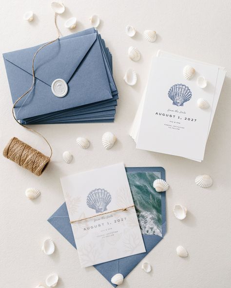 A closer look at our ocean-themed Save the Date 🌊 🐚 She’s called ‘Marblehead’ and we created her for all those couples out there who simply can’t get enough of that beach life 🏖️ The Save the Date is adorned with a blue watercolor seashell. As you can see in the other photos we’ve also created a sea shell vellum wrap to compliment it perfectly. If you really want to up your save-the-date game why not pair it with some dusty blue envelopes 💙, an ocean-themed envelope liner 🌊, and jelly fish... Sea Theme Wedding, Save The Date With Photo, Wedding Reception Timeline, Watercolor Save The Date, Vellum Wrap, Wedding Girl, Blue Envelopes, Wedding Gift Registry, Envelope Liner