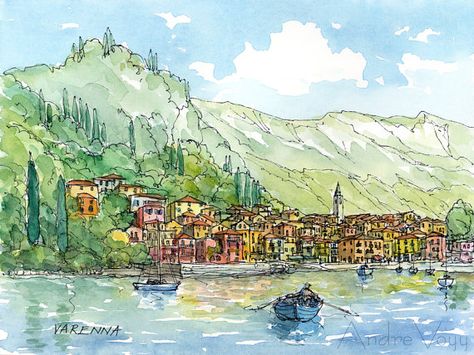 Varenna Lake Como  Italy 12 x 8  print from an by AndreVoyy, $20.00 Italy Paintings, Varenna Lake Como, Italy Watercolor, Beginner Watercolor, Comer See, Italy Art Print, Portofino Italy, Italy Painting, Lake Como Italy