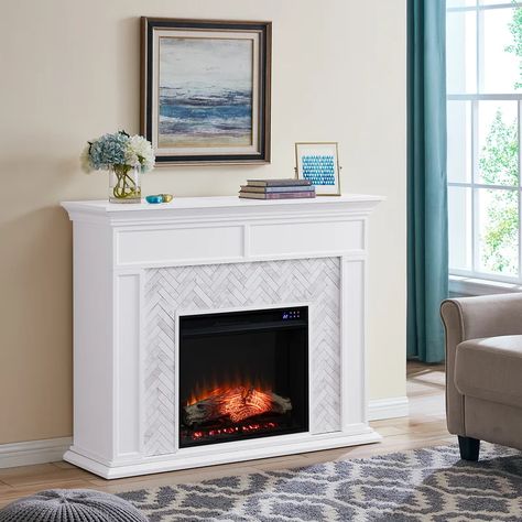 Winston Porter Nucla 50'' W Electric Fireplace & Reviews | Wayfair Fireplace Herringbone, White Marble Fireplace, Herringbone Tile Pattern, Faux Fireplace Diy, Patterned Tile, White Marble Tiles, Marble Fireplace, Contemporary Fireplace, Herringbone Tile