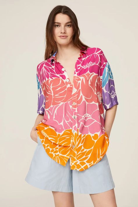 Tropical Graphic Uni Shirt by FARM Rio for $30 | Rent the Runway Swimwear 2023, Boss Chic, Night Suit For Women, Tropical Print Shirt, Print Shirts Women, Tropical Fashion, Graphic Floral, Coord Set, Rayon Top