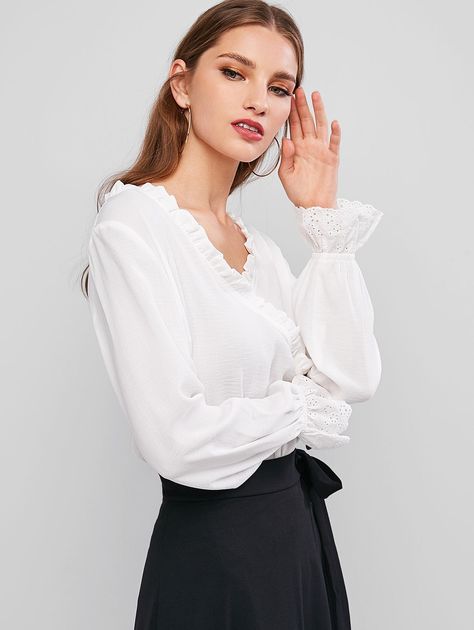 ZAFUL Poet Sleeve Eyelet Ruffle Surplice Blouse  WHITE , #AFFILIATE, #Sleeve, #Eyelet, #ZAFUL, #Poet, #Blouse #Ad Cute Blouses For Women, Poet Sleeve, Poet Blouse, Hourglass Fashion, Knotted Blouse, Professional Dress, Polyester Shirt, Embroidered Chiffon, Women's Blouses