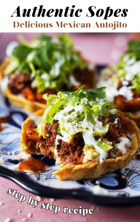 Learn how to make Mexican Sopes with a slight crunch on the outside and a soft texture on the inside. Add your favorite toppings to make a complete delicious meal. Mexican Sopes Recipe, Sopes Mexican Recipe, Hispanic Appetizers, Sopes Mexican, How To Make Sopes, Maseca Recipes, Masa Cakes, Assorted Breads, Mexican Sopes