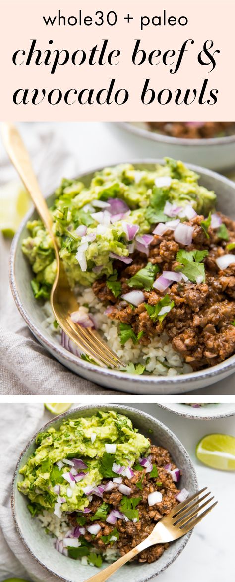 Beef And Mushroom Recipe, Ground Beef Paleo Recipes, Lime Cauliflower Rice, Chipotle Beef, Chipotle Copycat, Beef Mushroom, Cilantro Lime Cauliflower Rice, Whole30 Diet, Avocado Bowl